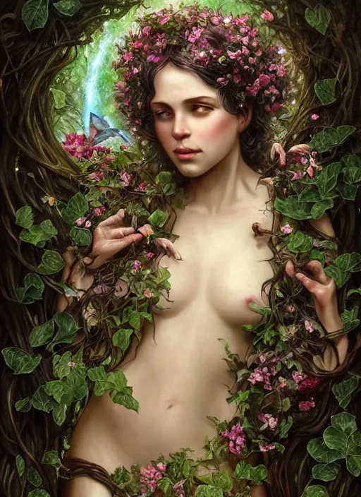 Image similar to beautiful full body portrait of the great fairy fountain, her body wrapped with ivy vines and flowers, dark fantasy esoteric, d & d, fantasy, cinematic lighting, intricate, elegant, highly detailed, digital painting, artstation, concept art, matte, sharp focus, illustration, art by artgerm and tom bagshaw and greg rutkowski and alphonse mucha