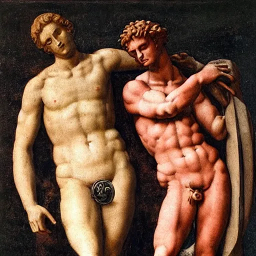 Image similar to two men, forbidden love, seperated by a deity, on one side is light on the other is darkness, body type is michelangelo's david in a renaissance style - h 9 0 0