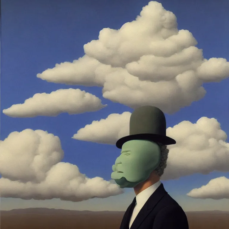 Image similar to cloud - man, by rene magritte, centered, detailed painting, hd, hq, high resolution, high detail, 4 k, 8 k