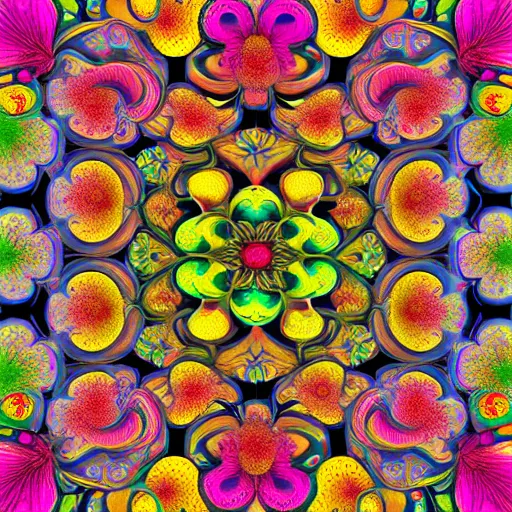 Image similar to a brightly colored painting of very detailed flowers made of elaborate fractals, high resolution, mandelbrot set, chaos, fractal, math, deviantart