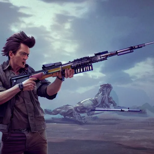 Prompt: hyperrealistic image of ace ventura firing an lmg, stunning 3 d render, inspired by istvan sandorfi & greg rutkowski & unreal engine, perfect symmetry, dim volumetric cinematic lighting, 8 k octane comprehensive render, extremely hyper - detailed, incredibly lifelike attributes, intricate, real flesh texture, masterpiece, artstation, stunning,