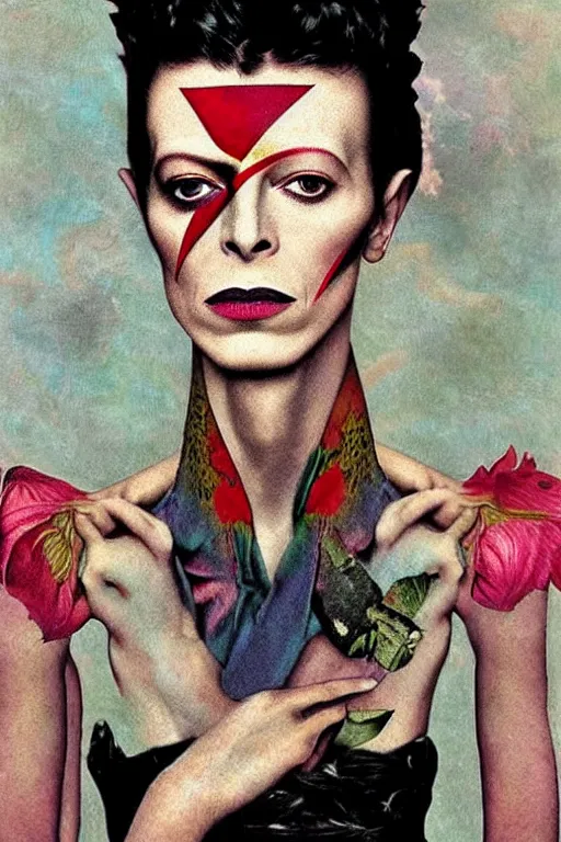 Image similar to David Bowie in Frida Kahlo style, high detail