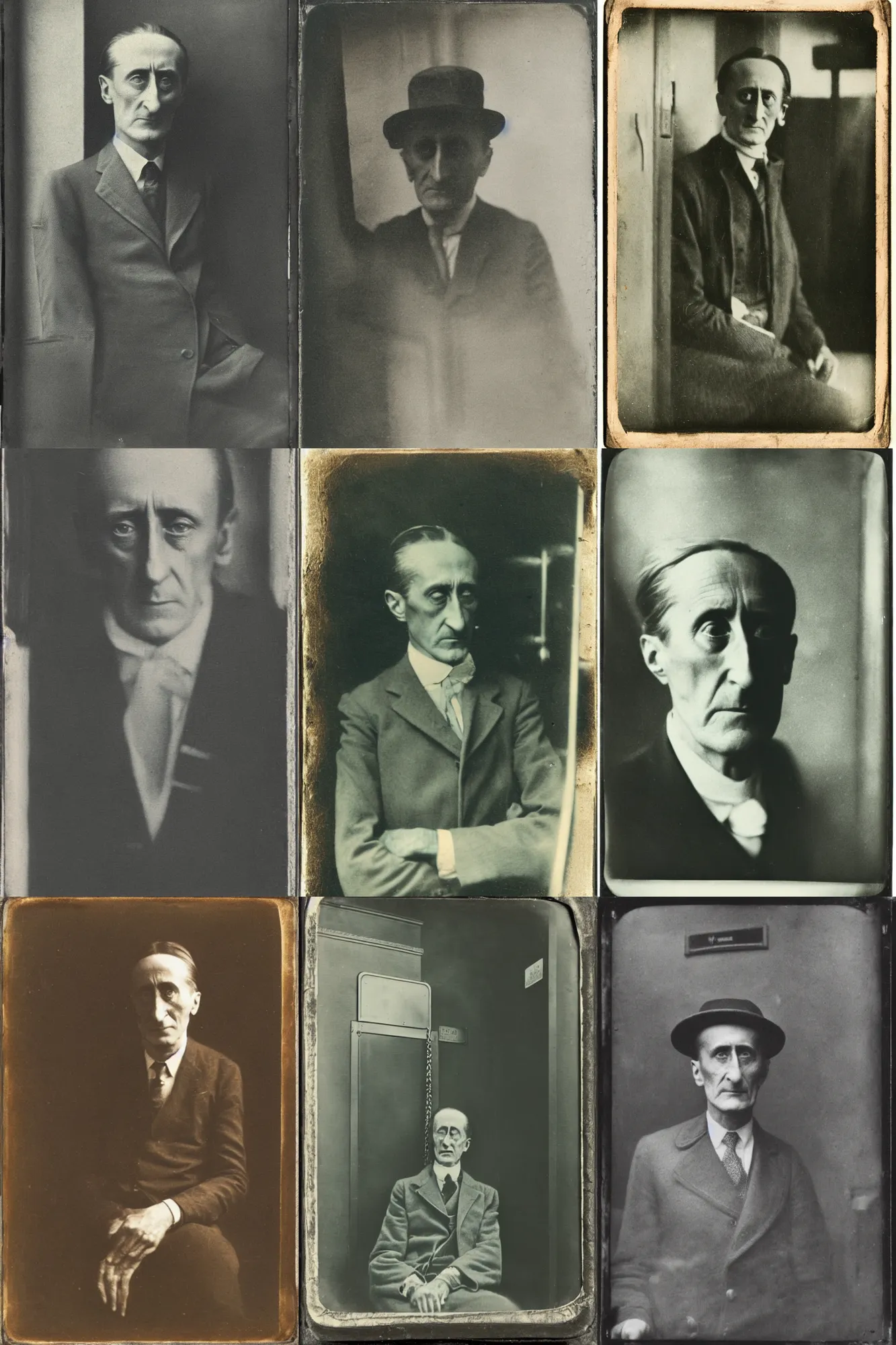 Prompt: an tintype of Marcel Duchamp waiting for the new elevator