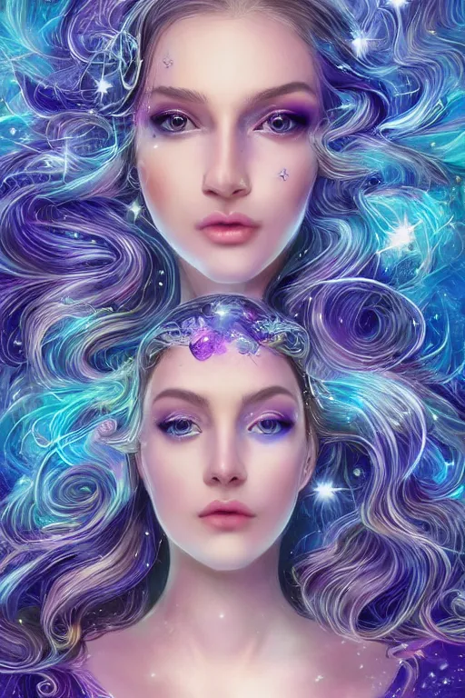 Image similar to one beautiful young woman's face, magical, space stars and planets in her hair, windblown, intricate, synth-wave, retrowave, highly-detailed, elegant, dramatic lighting, gorgeous face, lifelike, photorealistic face, long luxurious intricate gown, digital painting, artstation, illustration, concept art, smooth, sharp focus, art by John Collier, artgerm, and Albert Aublet and Krenz Cushart and Artem Demura and Alphonse Mucha