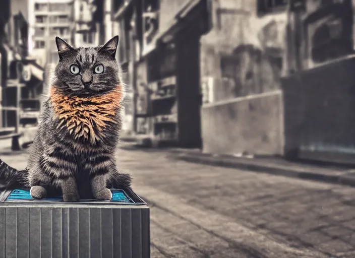 Image similar to photography of a Cat sitting on a box. in a cyberpunk street, award winning photo, colors, 100mm, sharp, high res