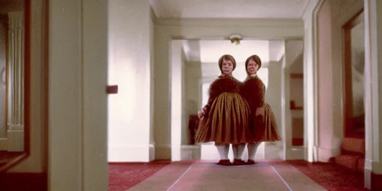 Prompt: photorealistic ultra wide cinematography of twin girls standing side by side in stanley kubrick's 1 9 8 0 film the shining standing in a long hallway inside the overlook hotel starring right at the camera shot on 3 5 mm eastman 5 2 4 7 film by the shining cinematographer john alcott shot on a wide kinoptik tegea 9. 8 mm lens. with golden ratio composition