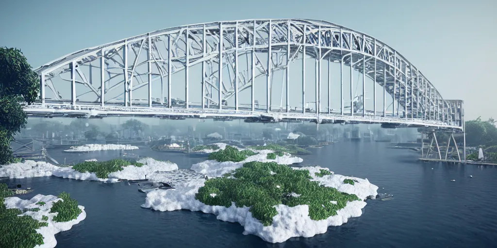 Image similar to explosions in the form of realistic white cotton plants on harbour bridge, huge white cotton everywhere on the destroyed harbour bridge, smooth, sharp focus, highly detailed, 3 d octane render, epic lighting, lots of white cotton, 8 k, by goro fujita