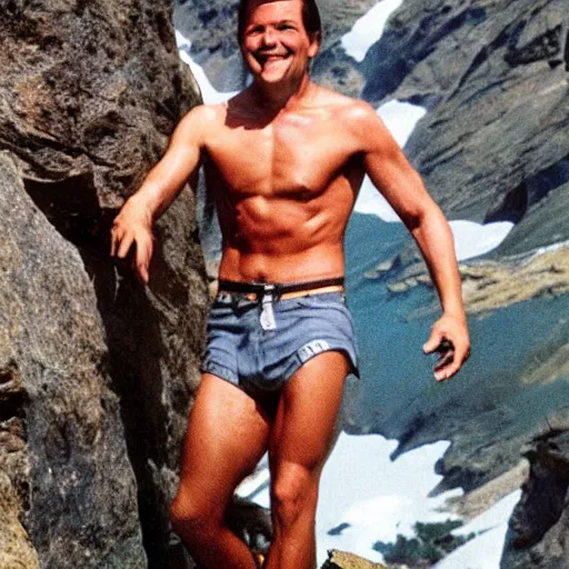 Prompt: shirtless kenneth copeland mountain climbing extreme sport