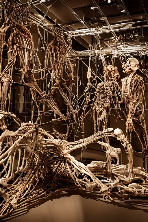 Image similar to inside a museum, a room where anatomical flesh body parts are piece of arts by Rob Bottin at night biomechanical, filth and grim, wires and strings, very detailed, ultra realistic photography, grainy image