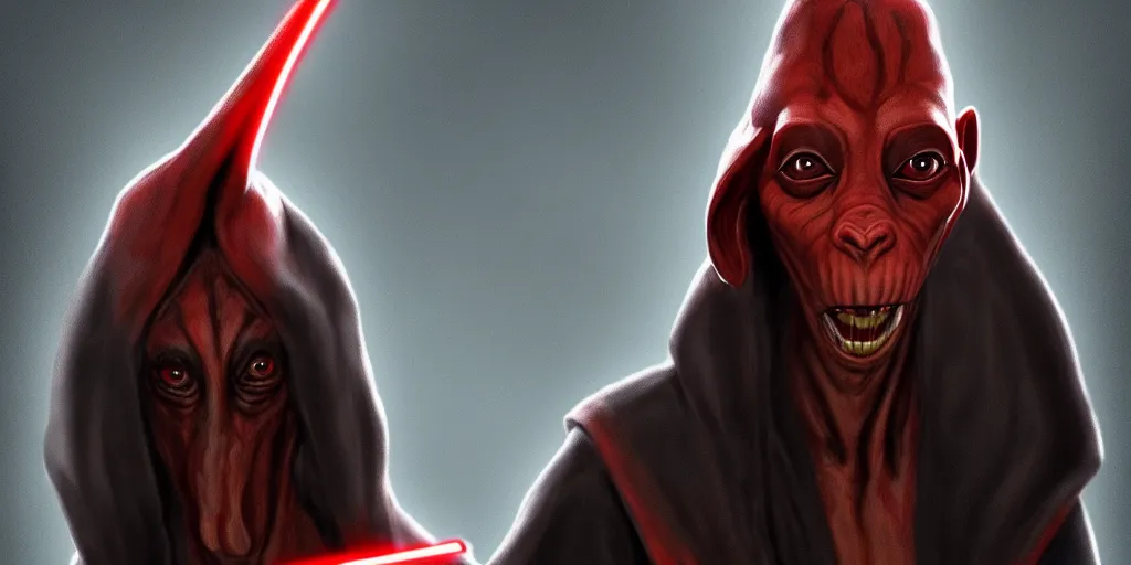 Image similar to jar jar binks as a sith lord, in the style of artstation, 4 k