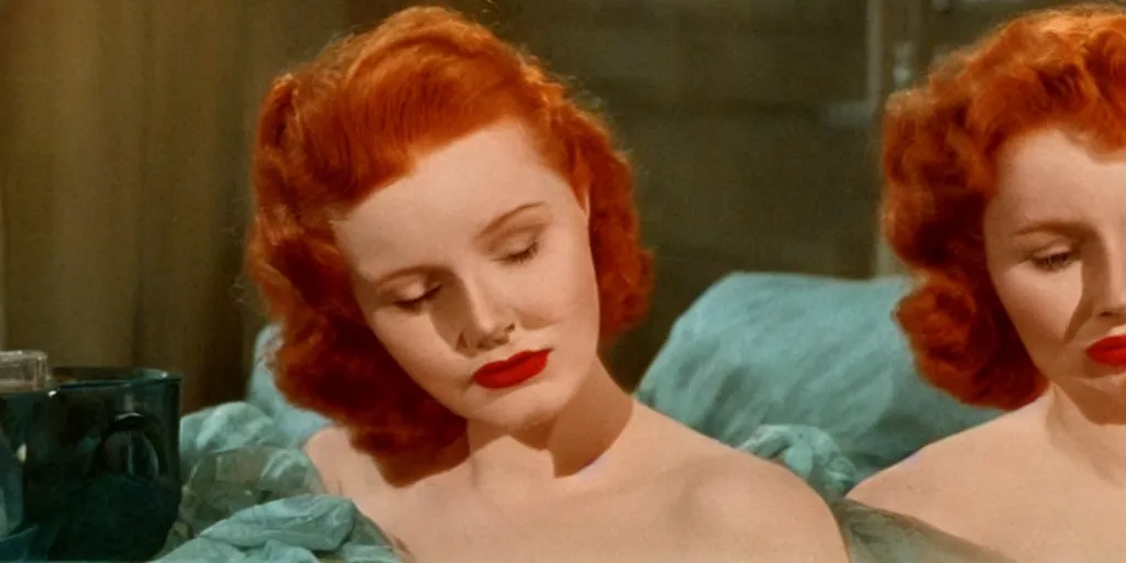 Image similar to a sad redhead is crying in her bed, heatwave, rays of light, douglas sirk still movie