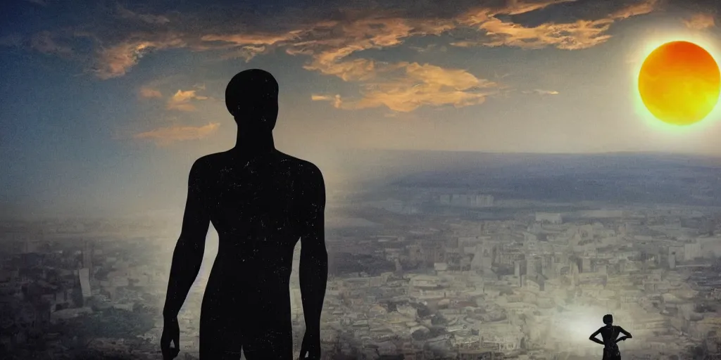 Image similar to a solar eclipse in the sky above, the city of ancient babylon below in the distance, the city is on fire, full-body silhouette of a single observer in the foreground, the figure is an ancient greek athletic man, the outlines of the figure are soft focus and hazy, thick impasto paint, double exposure, lens flare