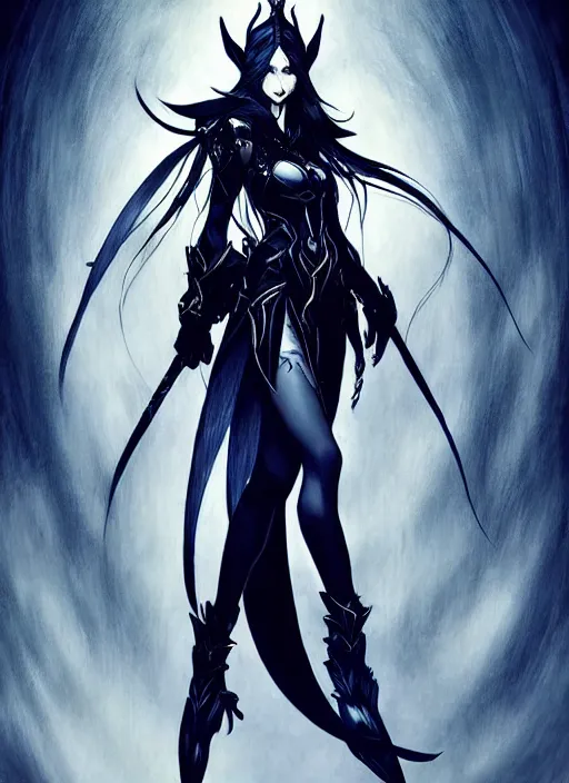 Image similar to Full body portrait of a beautiful elven queen with menacing look with long black hair wearing black and dark blue attire, silver crown. In style of Yoji Shinkawa and Hyung-tae Kim, trending on ArtStation, dark fantasy, great composition, concept art, highly detailed, dynamic pose.