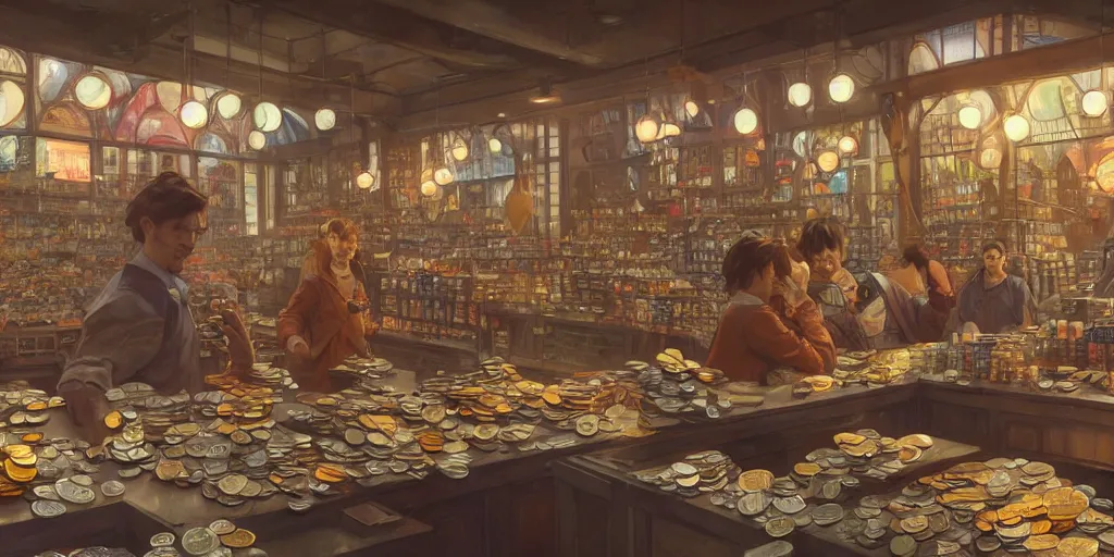 Image similar to modern coin shop with a lot of coins, 4 k, octane, digital painting, artstation, concept art, sharp focus, illustration, art by artgerm and greg rutkowski and alphonse mucha