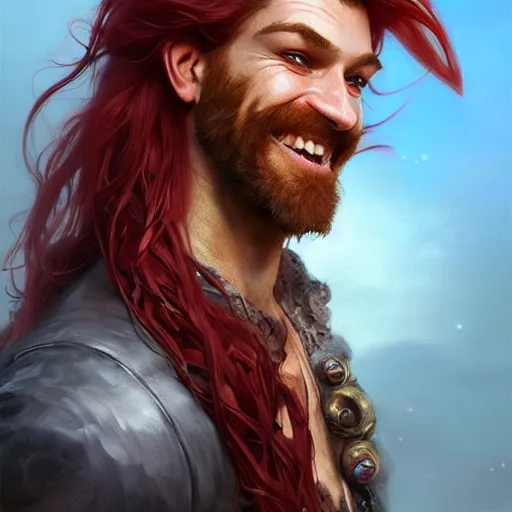 Image similar to portrait of a young ruggedly handsome but joyful pirate, male, masculine, upper body, red crimson hair, long flowing hair, fantasy, soft grin, intricate, elegant, highly detailed, digital painting, artstation, concept art, matte, sharp focus, illustration, art by artgerm and greg rutkowski and alphonse mucha