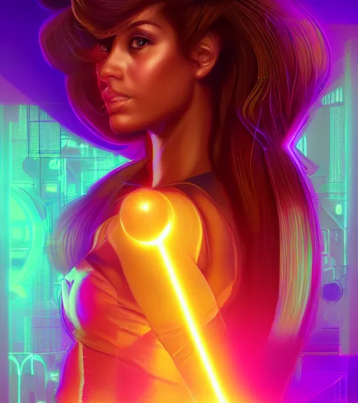 Image similar to symmetry!! latina princess of technology, solid cube of light, hard edges, product render retro - futuristic poster scifi, lasers and neon circuits, beautiful brown skin woman latina princess, intricate, elegant, highly detailed, digital painting, artstation, concept art, smooth, sharp focus, illustration, dreamlike, art by artgerm