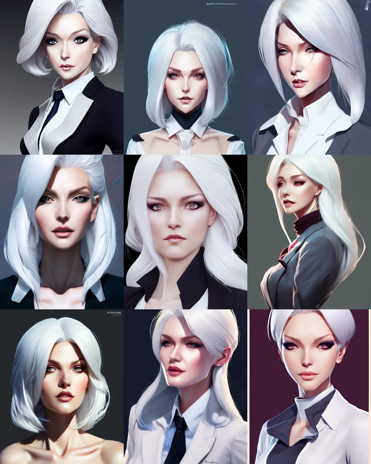 Prompt: character concept art of a gorgeous stylish white haired business woman | | distinct - fine, key visual, realistic shaded perfect face, fine details by stanley artgerm lau, wlop, rossdraws, james jean, andrei riabovitchev, marc simonetti, sakimichan, and jakub rebelka, trending on artstation