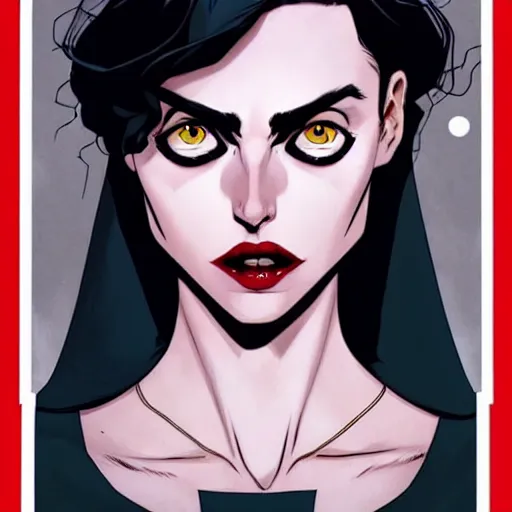 Image similar to Rafeal Albuquerque comic art, Joshua Middleton comic art, pretty Phoebe Tonkin vampire sharp teeth, fully red eyes no pupils, razor sharp teeth open mouth evil smile, horror, symmetrical face, symmetrical eyes, pretty white dress, short black hair, full body:: snow outside::