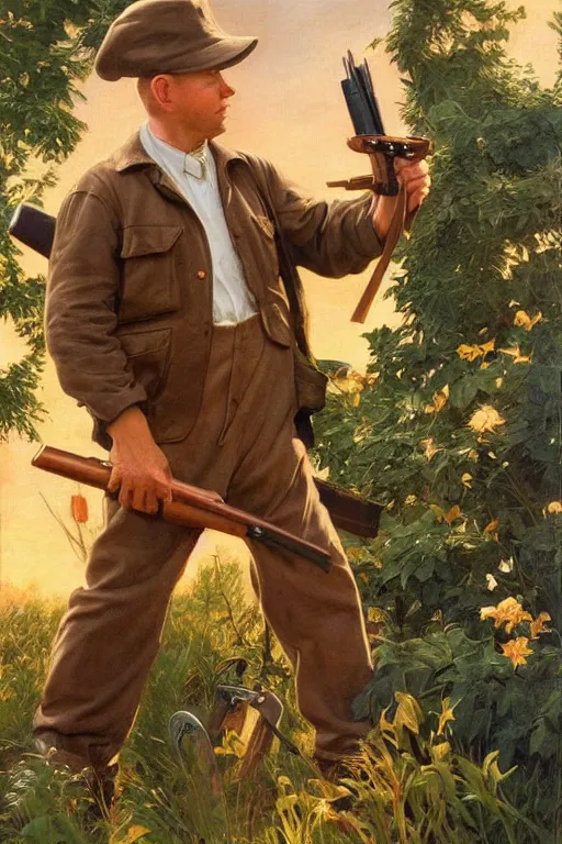 Prompt: Elmer Fudd holding a shotgun, golden hour, in a garden, artstation, by J. C. Leyendecker and Peter Paul Rubens,