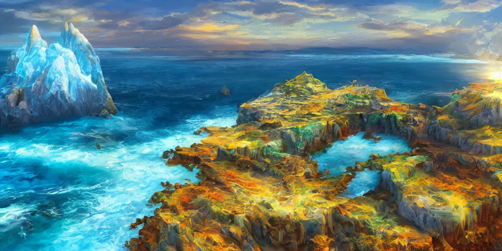 Image similar to salt covered islands surrounded by gleaming colourful crystal cliffs, illustration, bright sunlight, sun glints, sunrays, digital art, oil painting, fantasy, 8 k, trending on artstation, detailed