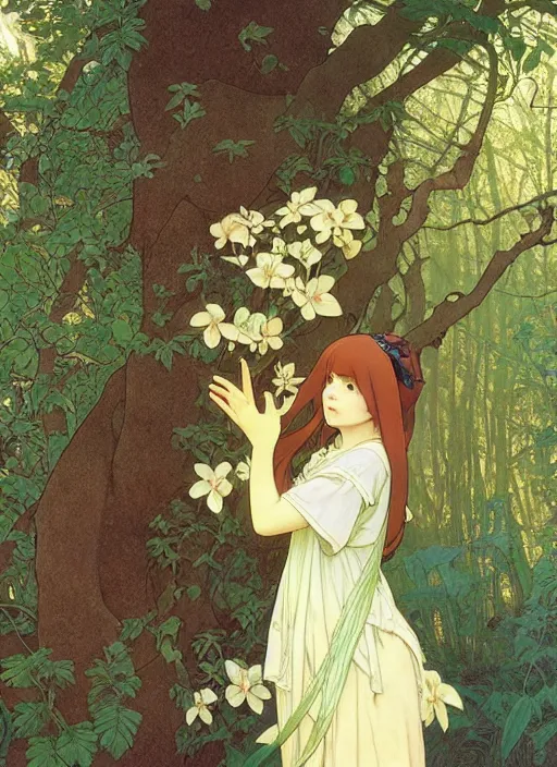 Image similar to young girl with long hair wearing shorts and a t - shirt, climbing a tree, path traced, highly detailed, high quality, digital painting, by studio ghibli and alphonse mucha, leesha hannigan, hidari, art nouveau, chiho aoshima, jules bastien - lepage