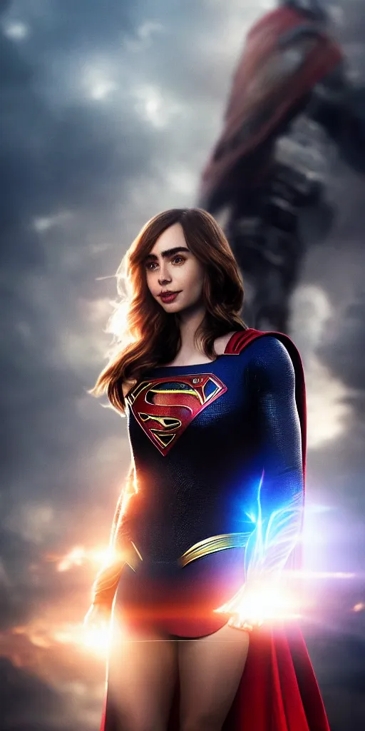 Image similar to a potrait of Lily Collins as Supergirl with man of steel suit style and full armour by Zack Snyder, 8k photorealistic, cinematic lighting, HD, high details, dramatic, trending on artstation, view from above