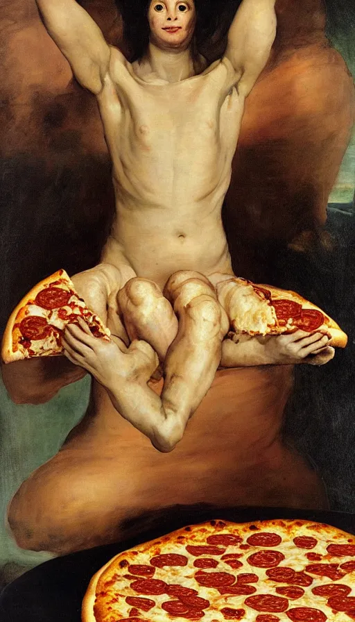 Image similar to oil portrait of evil pizza hut stuffed crust with human limbs as toppings, hyperrealistic, surrealcore, lovecraftian, 4 k by francisco goya