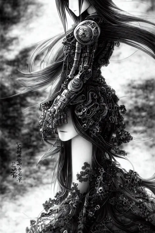 Image similar to a vertical portrait of a character in a scenic environment by Yoshitaka Amano, black and white, dreamy, cybernetic armor, wavy long black hair, highly detailed