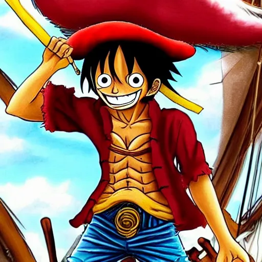 Prompt: Monkey D Luffy with Captain Jack Sparrow's outfit