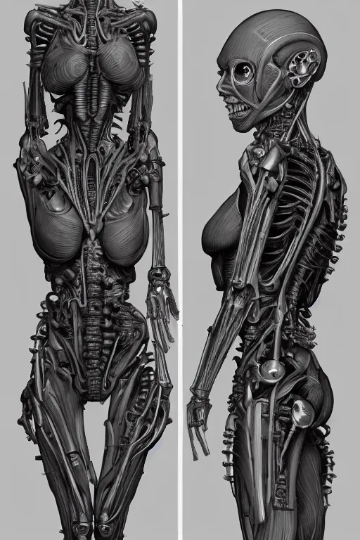 Image similar to cyborg lady with gunmetal grey skin, medical anatomy, very symmetrical face, highly detailed, mecha, three - perspective / three - view reference sheet ( front / back / side ), in the style of james gurney, dan ouellette, hr giger, sil from species, dren from splice, biomechanical, artstation, unreal engine