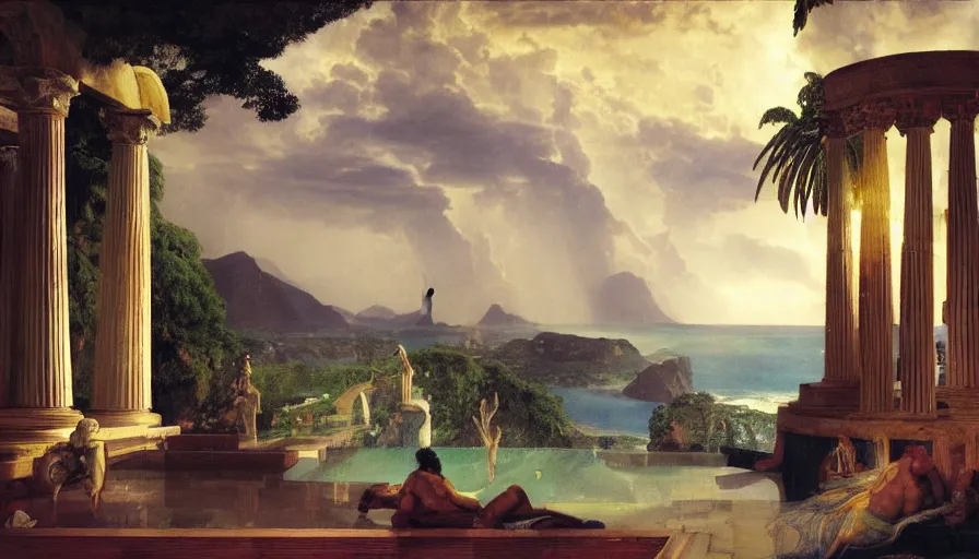 Image similar to From Inside the giant Palace, mediterranean balustrade and columns line, refracted sparkles, thunderstorm, greek pool, beach and Tropical vegetation on the background major arcana sky and occult symbols, by paul delaroche, hyperrealistic 4k uhd, award-winning, very detailed paradise