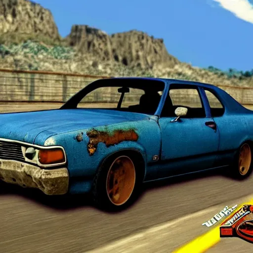 Image similar to A screenshot of a rusty, worn out, broken down, decrepit, run down, dingy, faded chipped paint, tattered, beater 1976 Denim Blue Dodge Aspen in Gran Turismo for the PS1