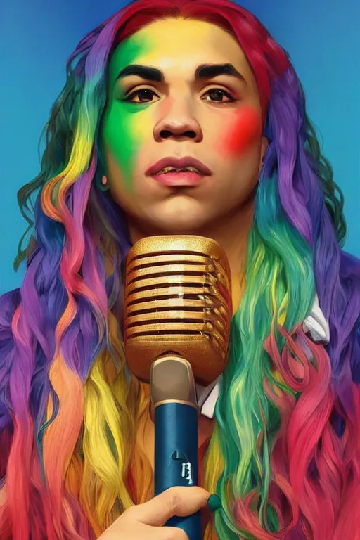 Prompt: colorful cottagecore tekashi 6ix9ine holding a microphone. intricate, elegant. highly detailed, digital painting, artstation, concept art, smooth, sharp, focus, illustration. . art by artgerm and greg rutkowski and alphonse mucha