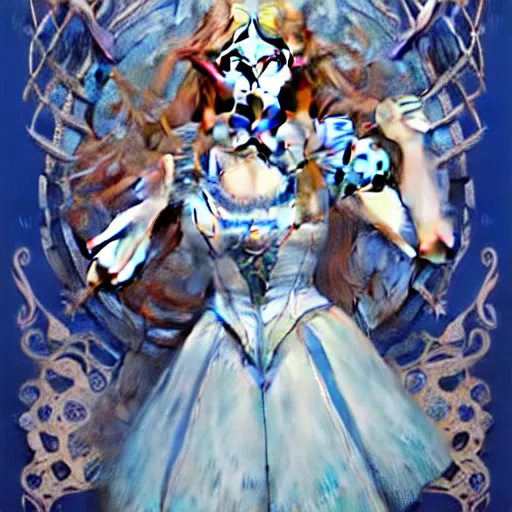 Image similar to movie poster of \'alice in wonderland\', wearing blue and white armor, fantasy, intricate, elegant, highly detailed, digital painting, artstation, concept art, smooth, sharp focus, illustration, art by Fernanda Suarez and Artem Demura and alphonse mucha
