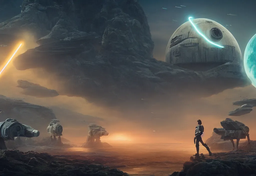 Image similar to a dramatic epic ethereal stunning beautiful and insanely detailed matte painting of a Star Wars movie still, lens flares, atmospheric!! and vaporwave composition, digital art by John Martin and Simon Stalenhag, winning-award masterpiece, fantasy, octane render, 8K HD Resolution, High quality image