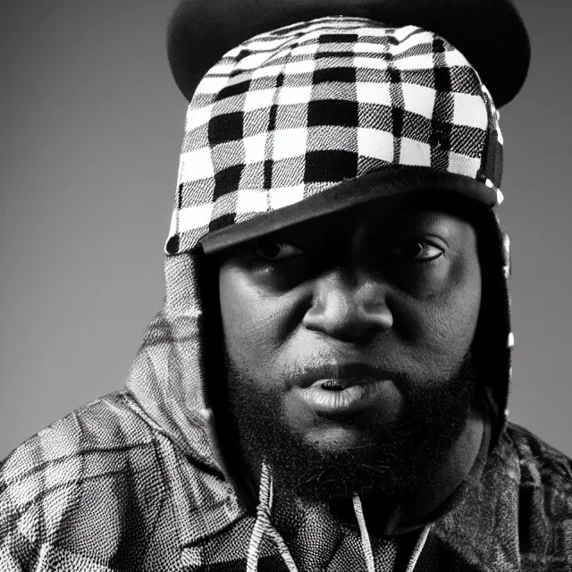 Image similar to a close-up black-and-white studio portrait of MF Doom wearing a plaid ushanka hat