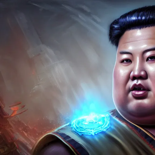 Image similar to portrait of kim - jong un as buddha, league of legends amazing splashscreen artwork, gears of war, splash art, natural light, elegant, photorealistic facial features, intricate, fantasy, detailed face, atmospheric lighting, anamorphic lens flare, cinematic lighting, league of legends splash art, hd wallpaper, ultra high details by greg rutkowski