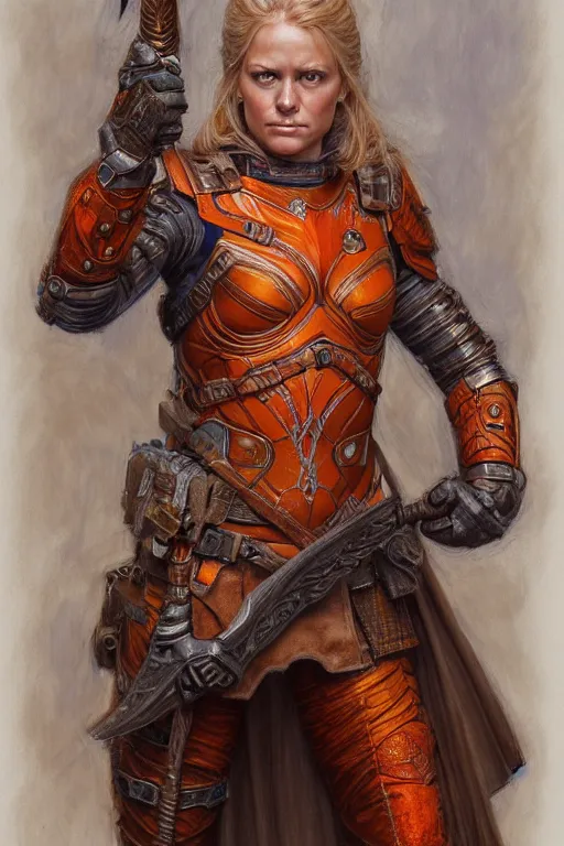 Image similar to full - body portrait of a ranger, female, white and orange breastplate, magical, high fantasy, d & d, by donato giancola, face details, extremely detailed, digital illustration