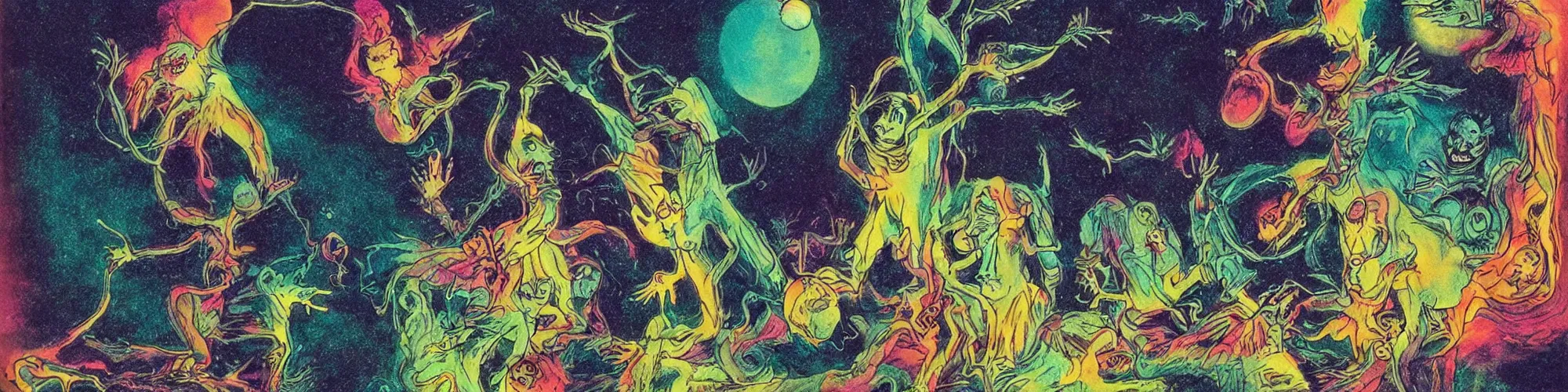 Prompt: dawn of creation ; first atom ; beings of light and darkness ; ethereal plane. bright neon colors. illustrated by maurice sendak and stephen gammell and junji ito and dr seuss