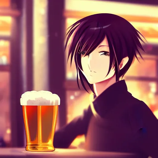 Prompt: Masculine looking anime girl at a bar drinking a beer, warm glow from the lights, angle that looks up at her from below, deviantart, pixiv, detailed face, smug appearance, beautiful anime