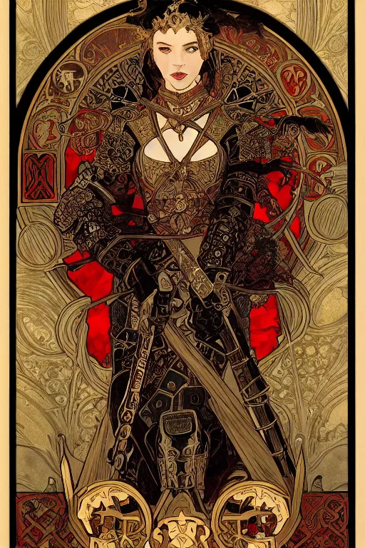 Image similar to tarot card, the emperor, armored woman, beautiful, medieval, super detailed, ornate, by alphonse mucha, artstation, greg rutkowski, symmetry, red, gold, white, black, 8 k