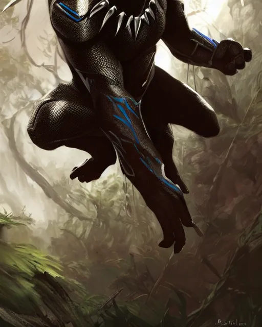 Prompt: Black Panther warrior in armor, portrait, jungle, magic the gathering artwork, D&D, fantasy, cinematic lighting, centered, symmetrical, highly detailed, digital painting, artstation, concept art, smooth, sharp focus, illustration, volumetric lighting, epic Composition, 8k, art by Akihiko Yoshida and Greg Rutkowski and Craig Mullins, oil painting, cgsociety