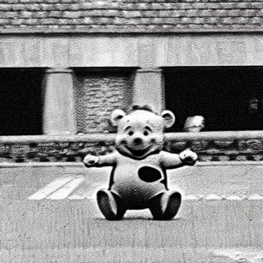 Prompt: grainy photo of winnie the pooh in tiananmen square massacre, masterpiece, by Jeff Widener