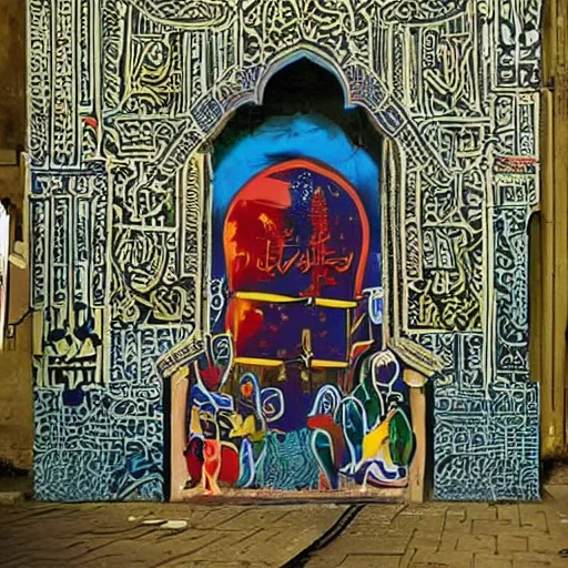 Image similar to arabic calligraphy, transylvanian folk art, in the style of graffiti, made by banksy