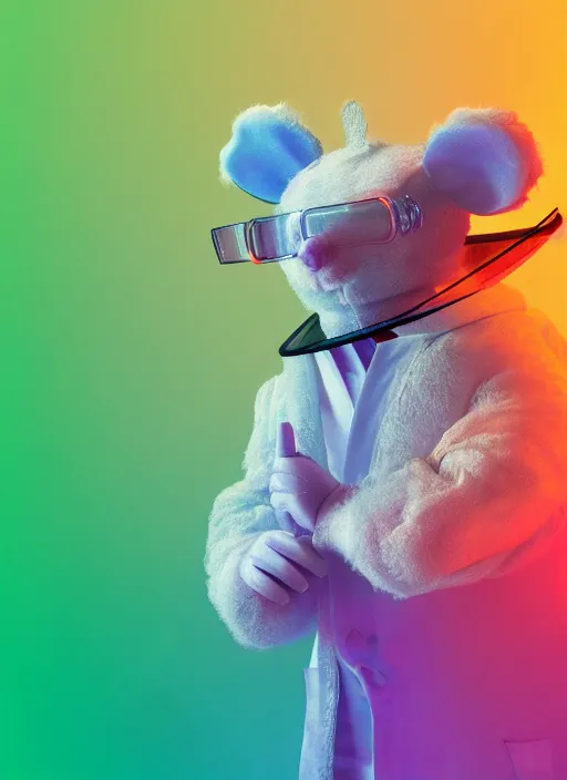 Image similar to a 3D render of a cute fuzzy pet rat dressed in a white lab coat and safety goggles, mixing colorful chemicals in a chemistry lab, bokeh, Canon 50mm, cinematic lighting, volumetric light, octane, octane render, redshift render