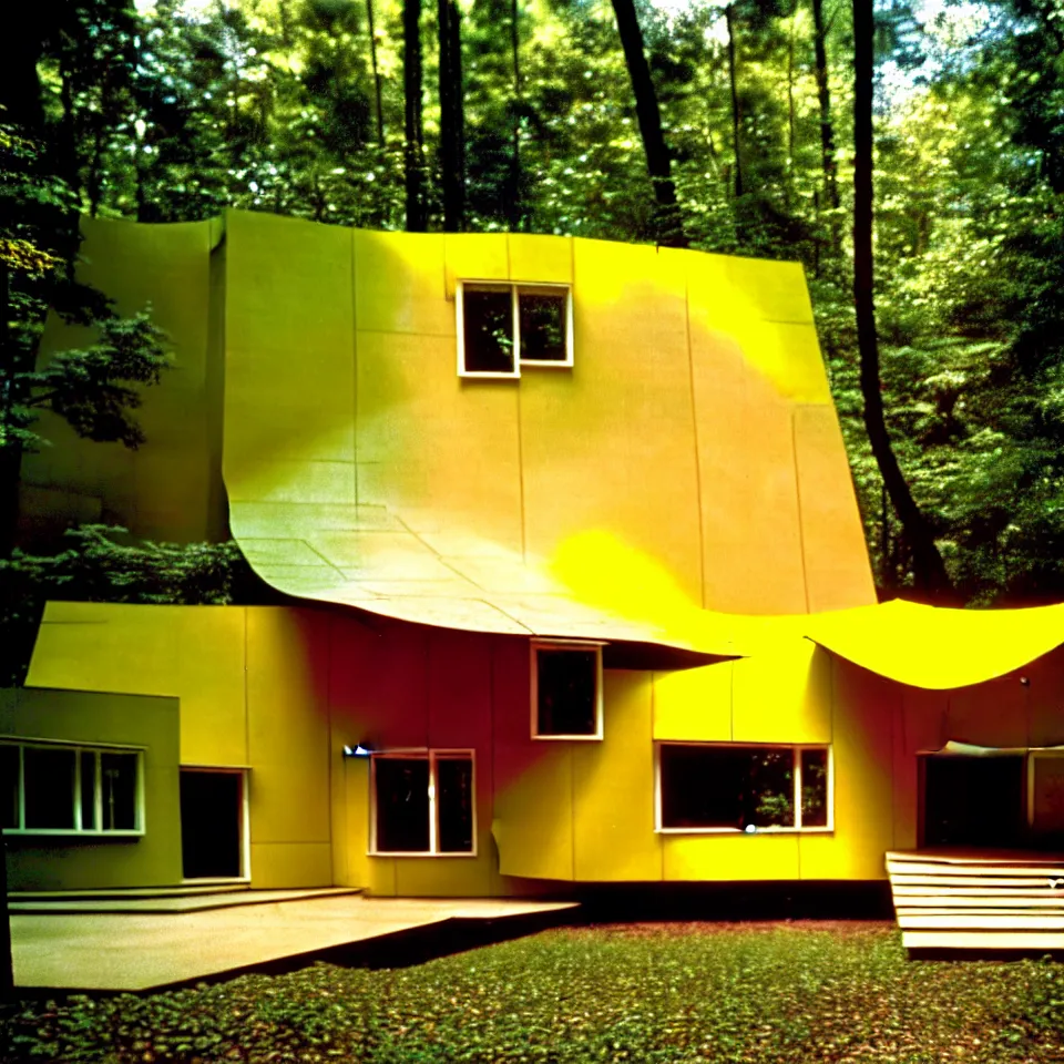 Image similar to a flat horizontal mid-century modern house with big tiles in a forest, designed by Frank Gehry. Film grain, cinematic, yellow hue