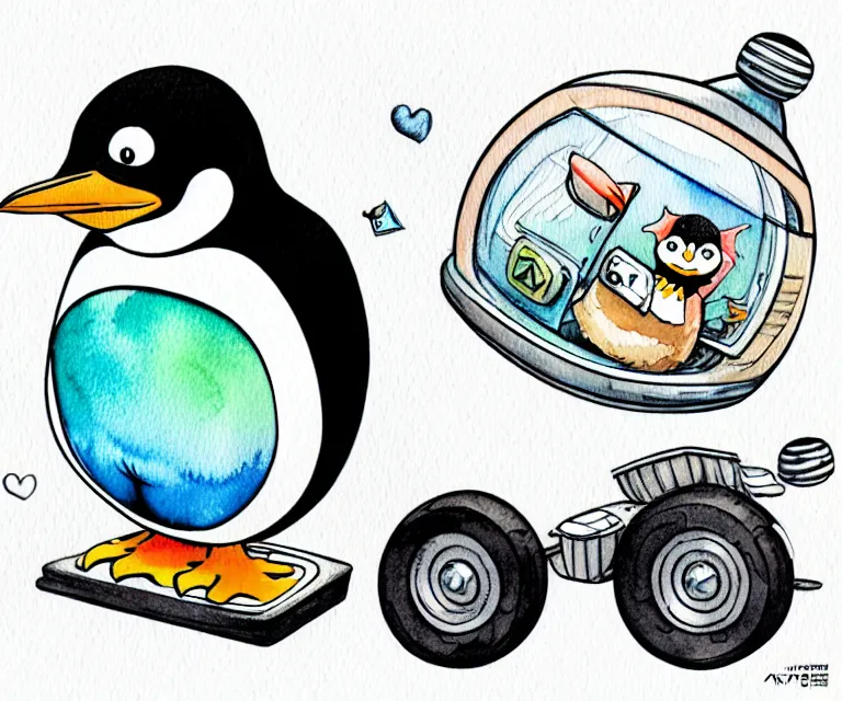 Prompt: cute and funny, penguin riding in a tiny spaceship, ratfink style by ed roth, centered award winning watercolor pen illustration, isometric illustration by chihiro iwasaki, edited by range murata, tiny details by artgerm and watercolor girl, symmetrically isometrically centered, sharply focused
