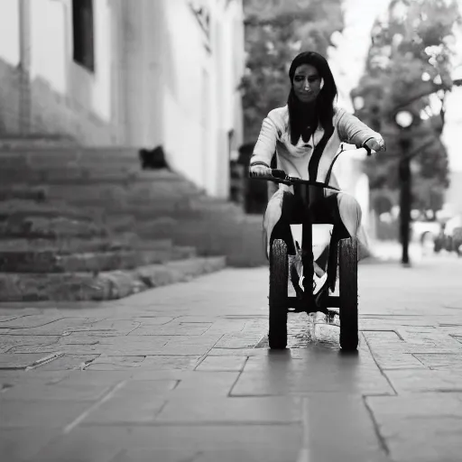 Prompt: a female made out of stone rides a scooter, 5 0 mm lens, f 1. 4, sharp focus, ethereal, emotionally evoking, head in focus, volumetric lighting, 8 k