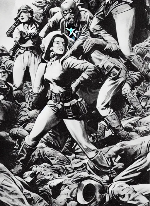 Image similar to beautiful jewish female captain america standing on a pile of defeated german soldiers. jewish feminist captain america wins wwii. american wwii propaganda poster by james gurney