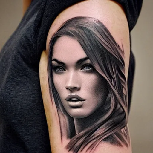 Image similar to tattoo design sketch with double exposure effect of megan fox face and beautiful mountain scenery, in the style of matteo pasqualin, amazing detail